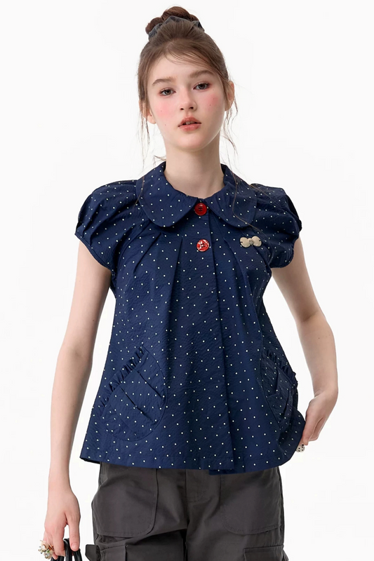 Maglia aderente retrò con colletto Peter Pan a pois
