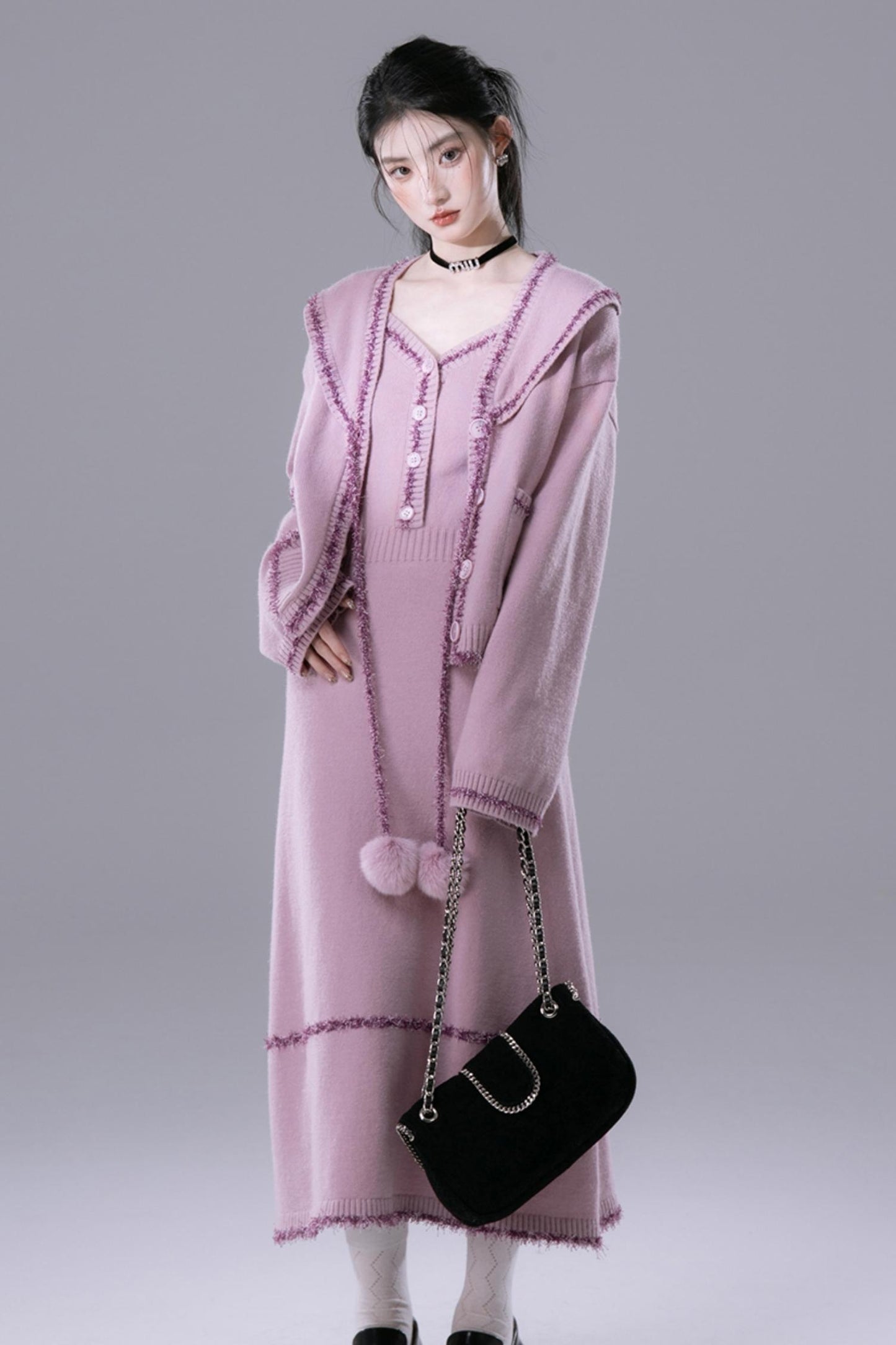 Pink Purple Fleece Wool Dress Set-UP