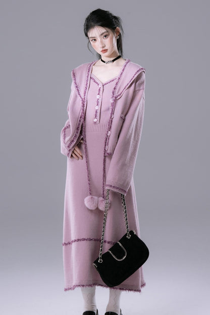 Pink Purple Fleece Wool Dress Set-Up