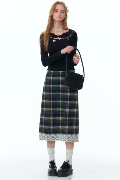 Retro Design Plaid Lace Skirt