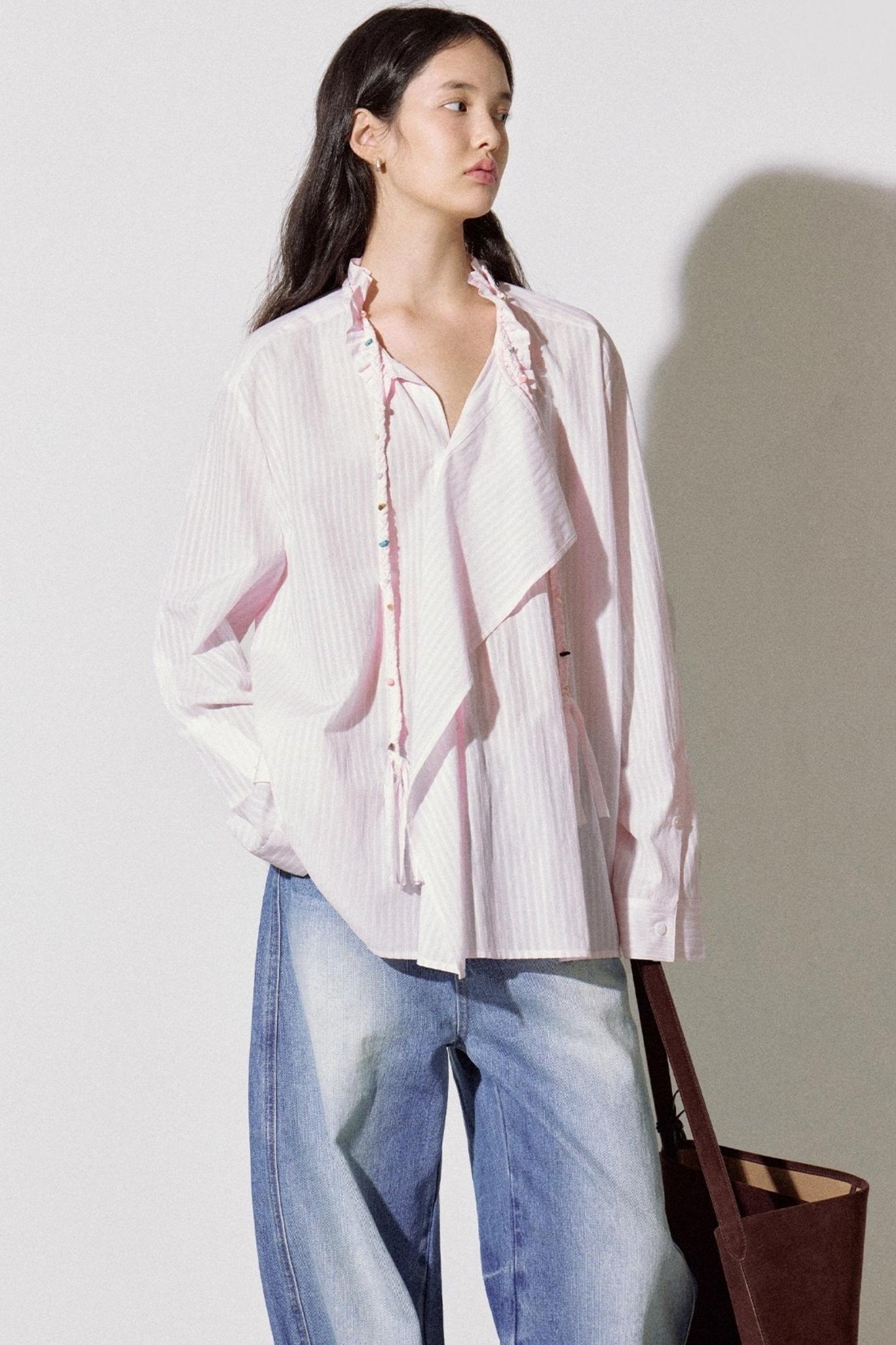 Asymmetrical Ruffle Striped Shirt