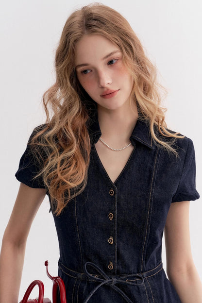 Lazy Cotton V-Neck Denim A-Line Dress