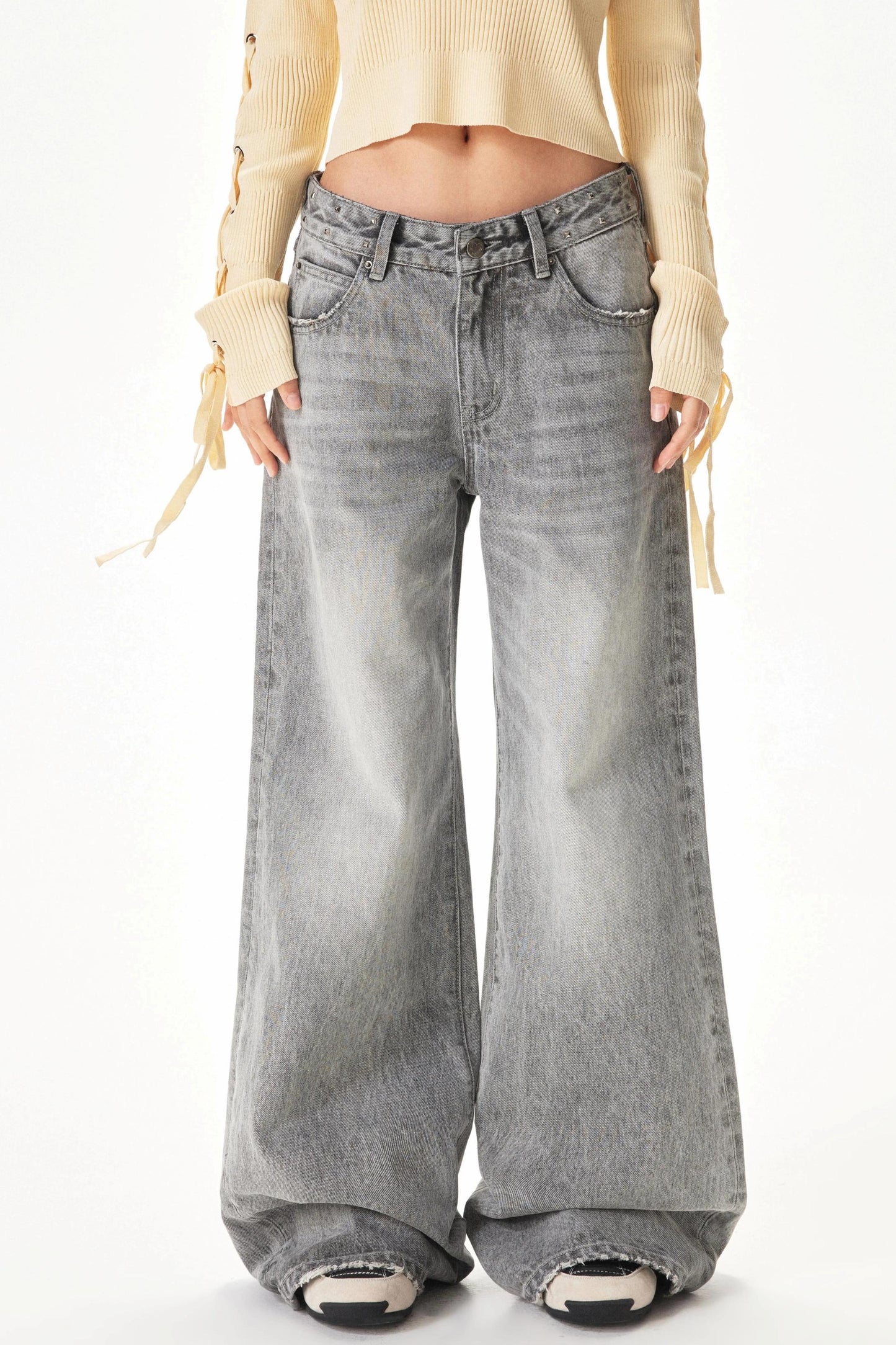 Light Gray Rhinestone Wide-Leg Pants