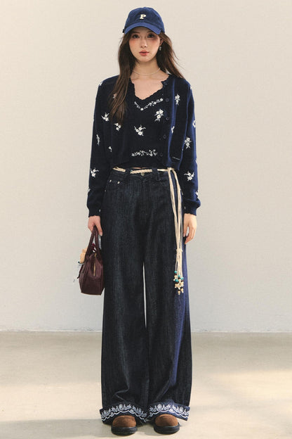 Embroidered Straight-Leg Pants