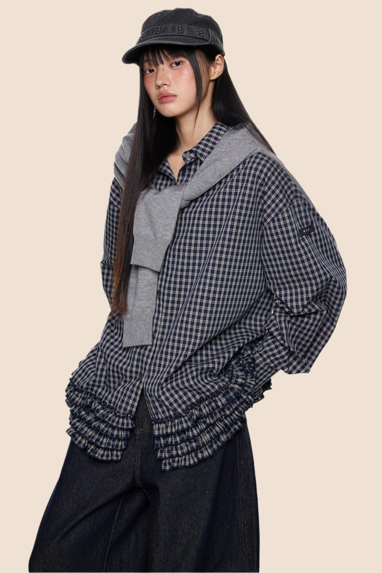 Plaid Pleated Long Sleeve Shirt
