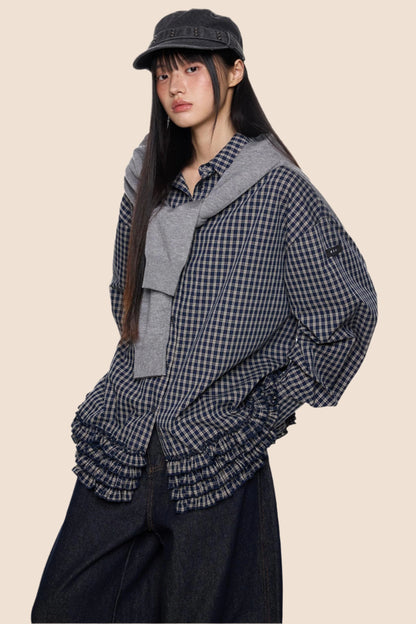 Plaid Pleated Long Sleeve Shirt