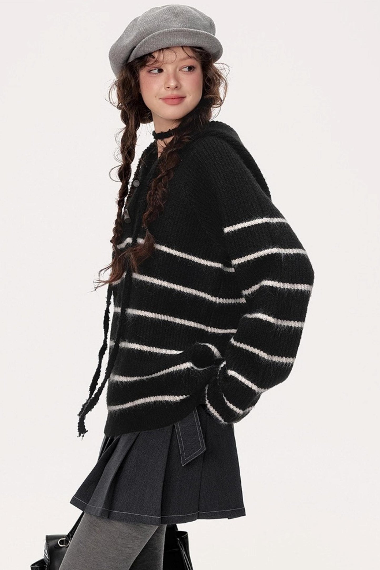 Hooded Striped Knit Sweater