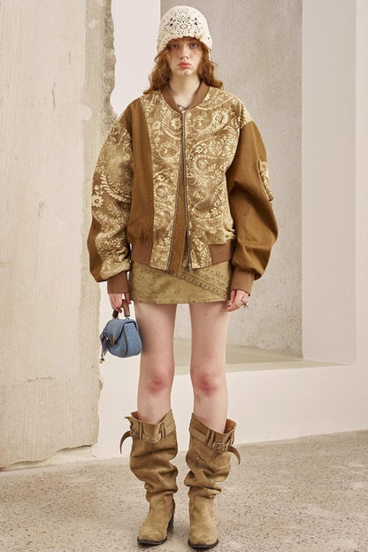 Cashew Print Long Sleeve Flight Jacket