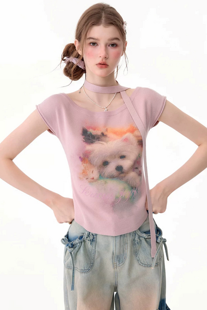 Pink Puppy Print Slim Fit T-Shirt