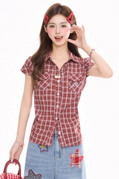 Retro Plaid Slimming Blouse