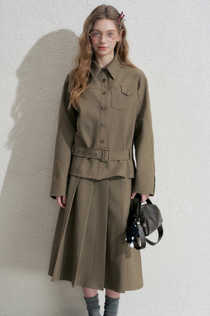 Retro Pleated Skirt With Jacket Set-Up