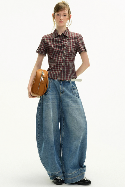 Diagonal Placket Plaid Blouse