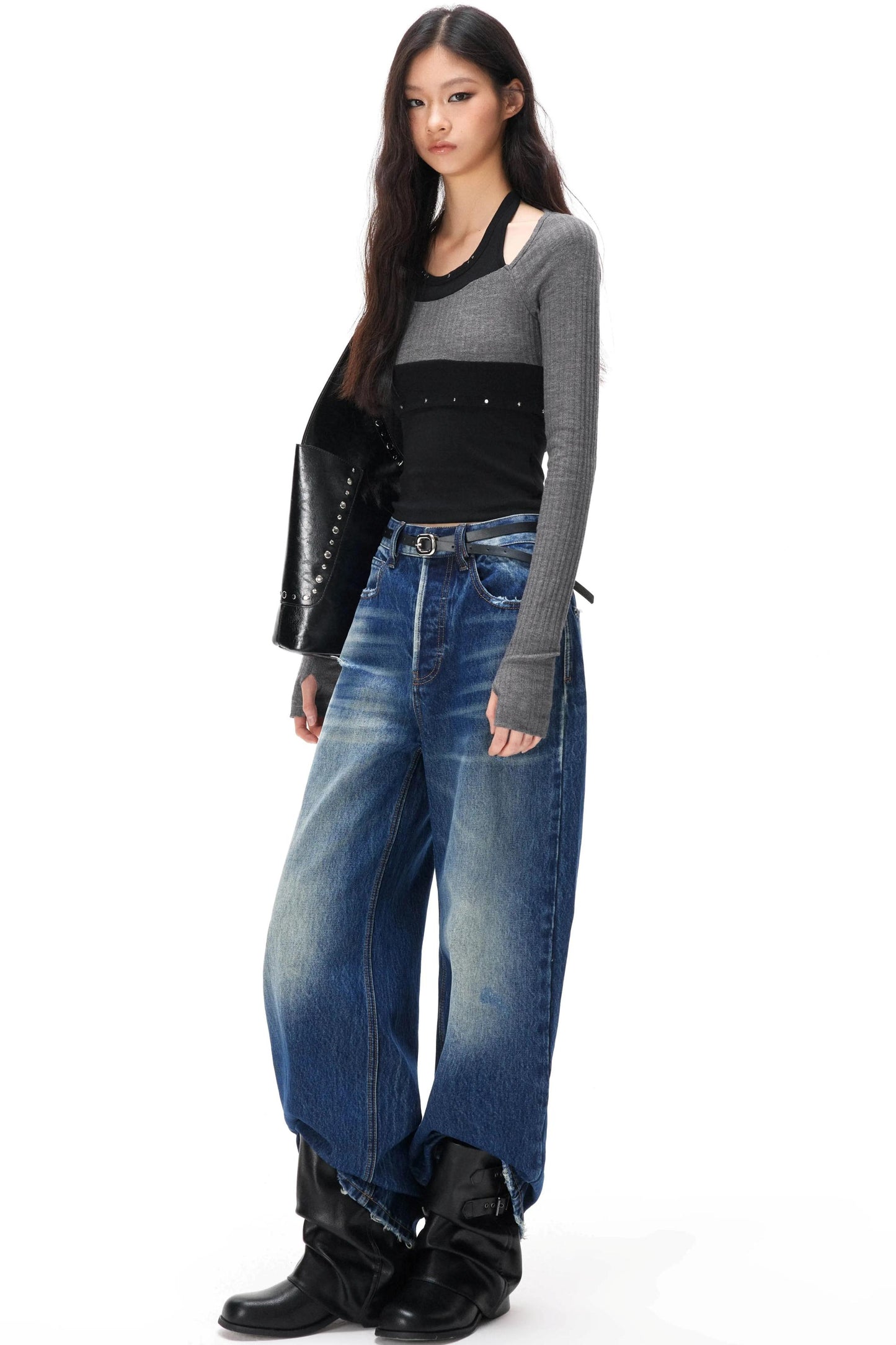 Amerikanische, locker fallende Jeanshose im Used-Look