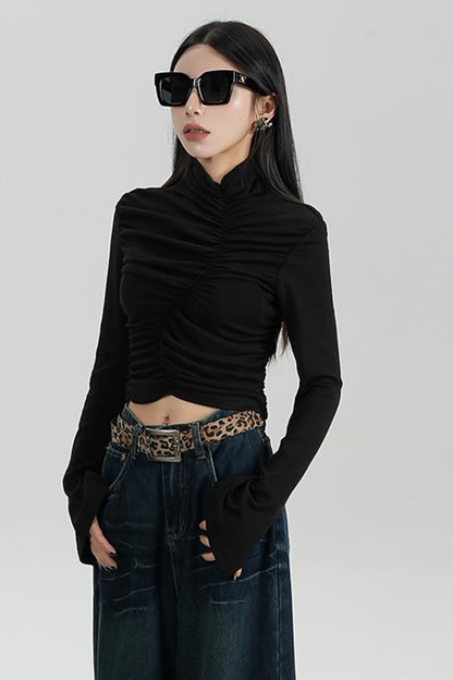 SRYSAME's fashionable design, pleated high-waisted base layer, T-shirt, long-sleeved top, autumn new women's wear