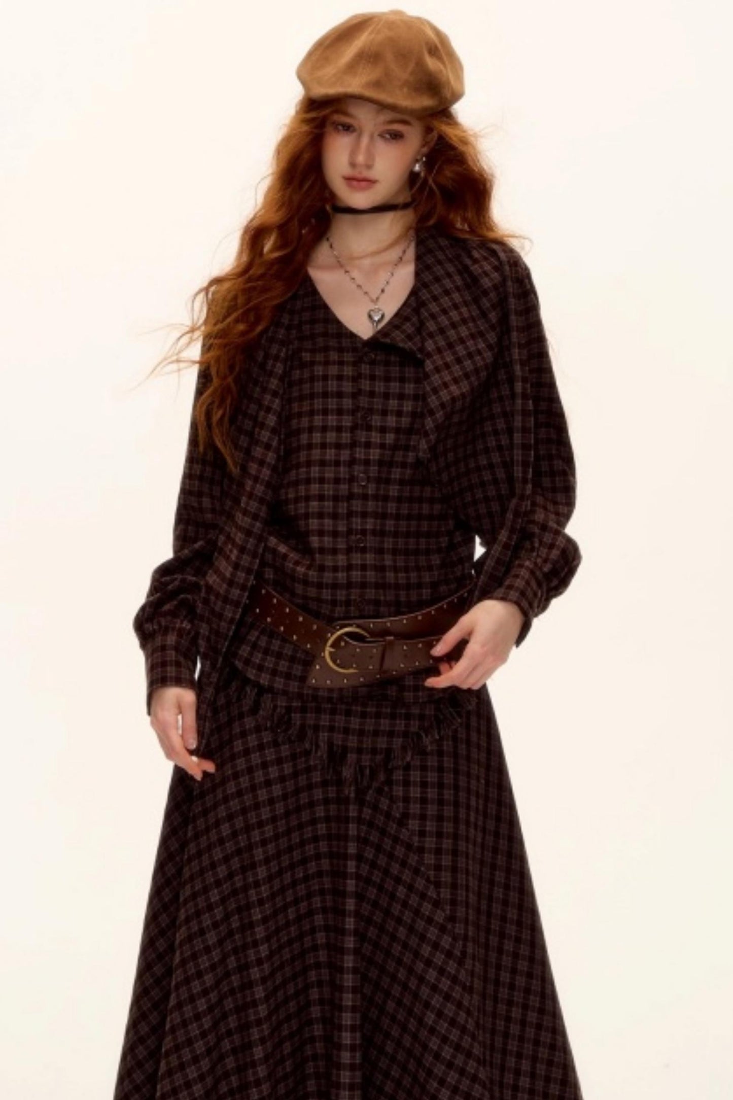 Retro Beaded Plaid Shirt Set-Up