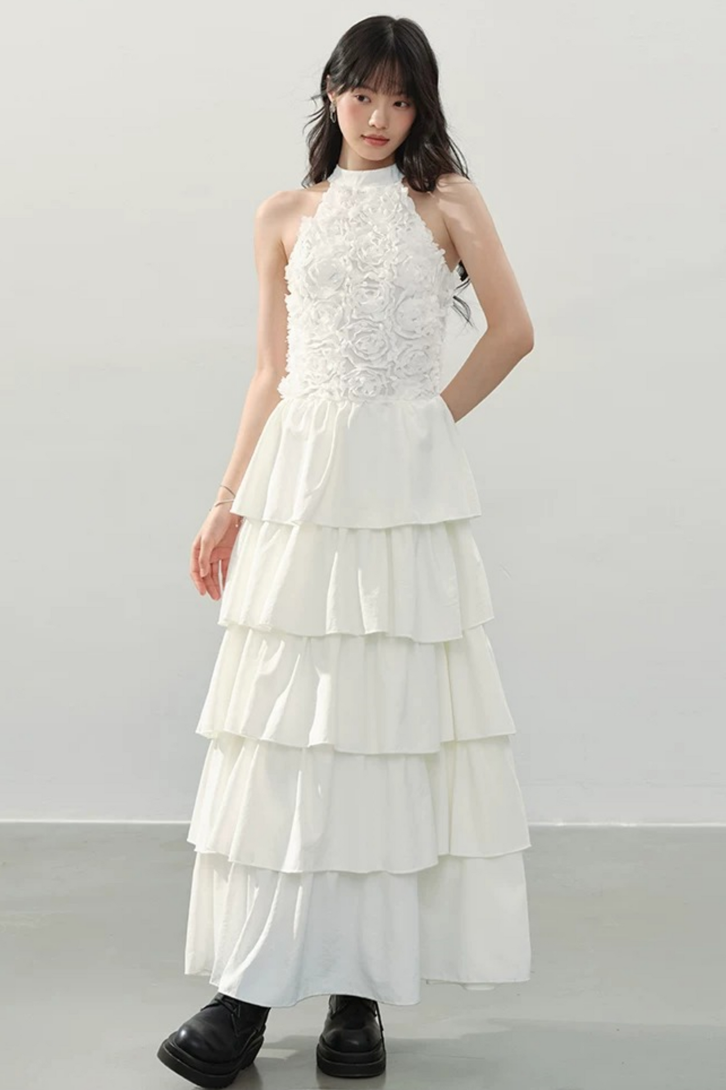 White Halter Floral Dress