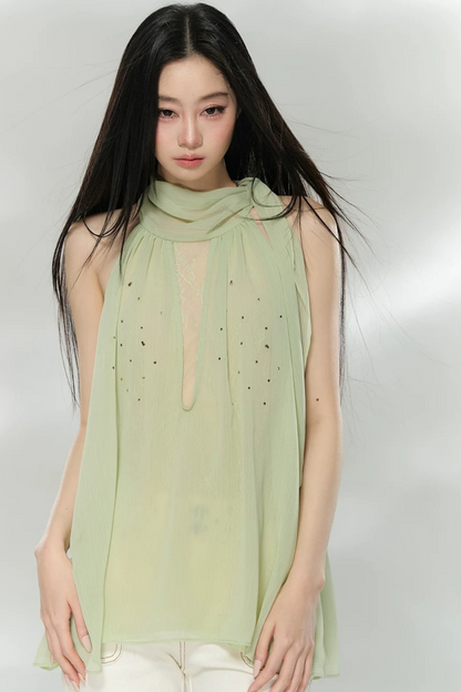 Rhinestone Chiffon Lace Blouse