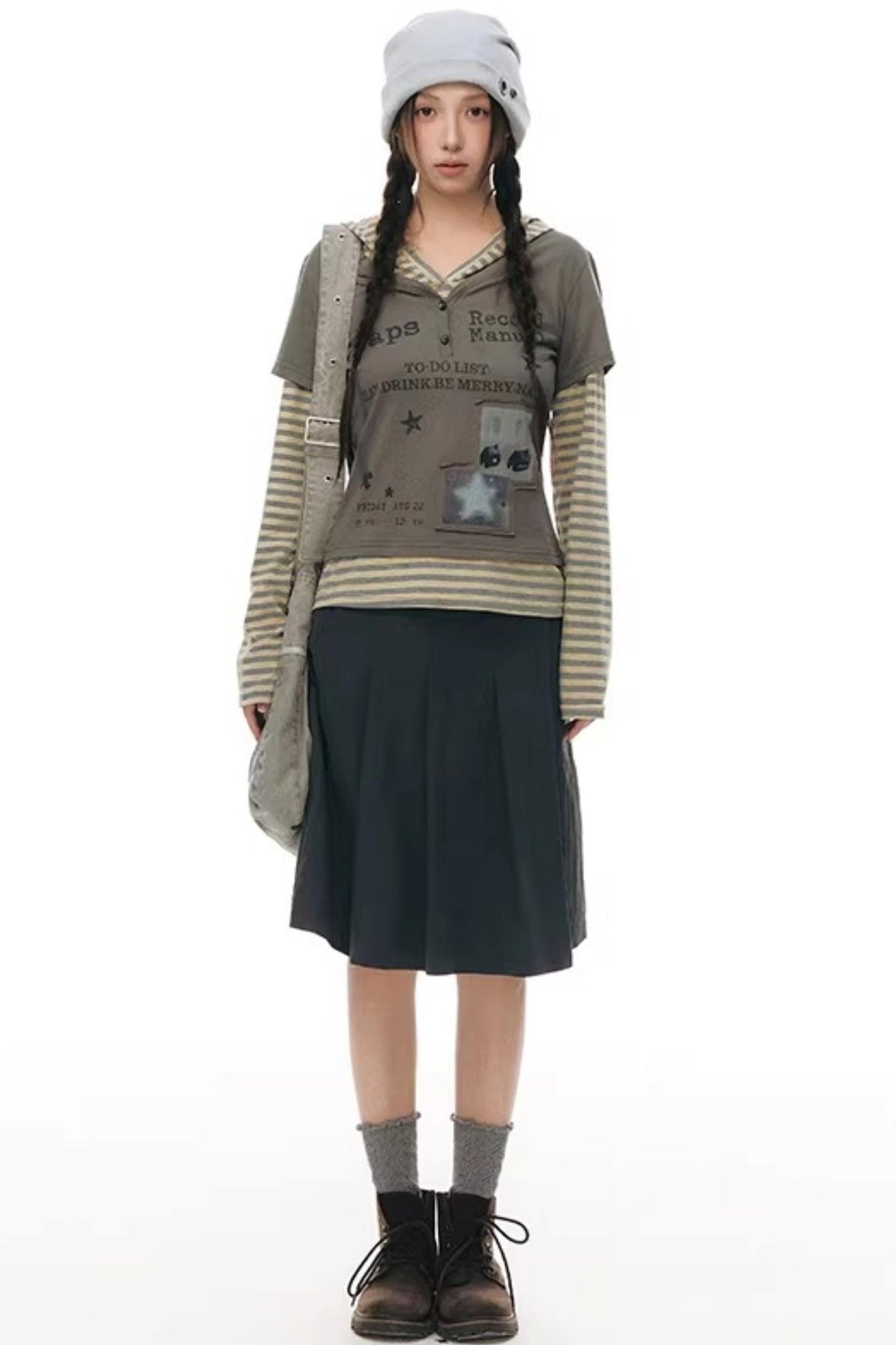 Hooded Spliced Long-Sleeve Top