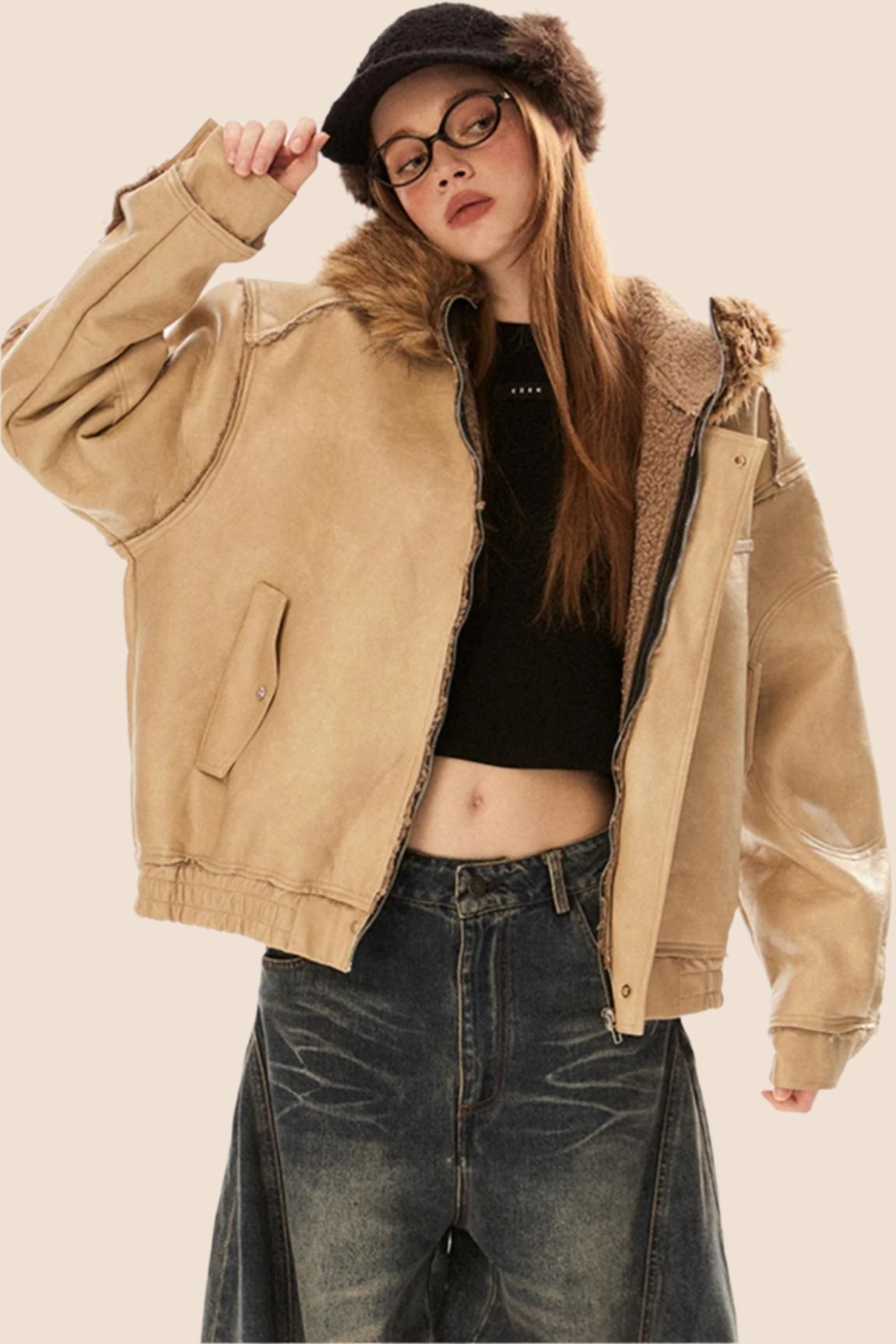 Vintage Fur Collar Hooded Leather Jacket