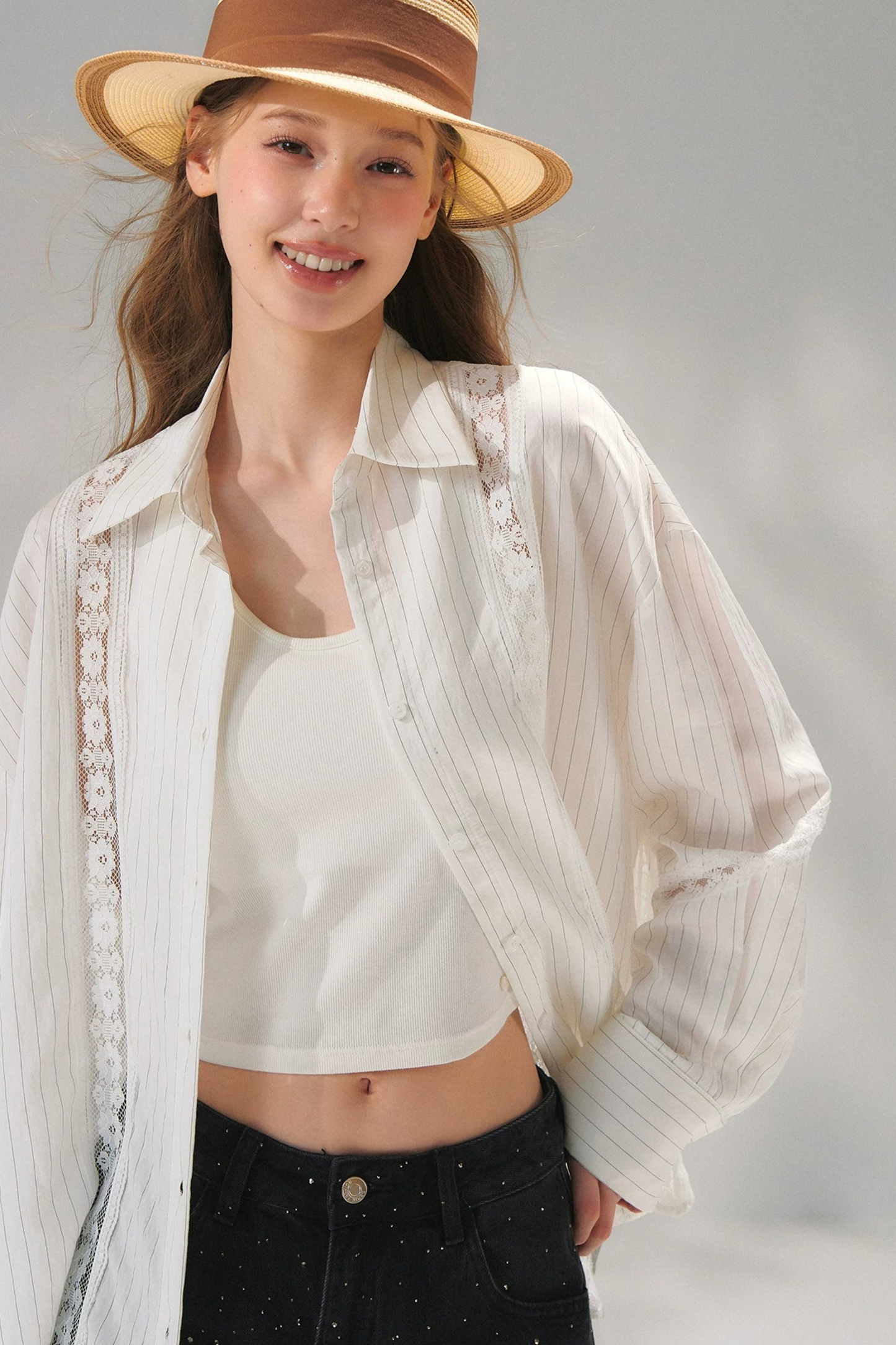 Striped Lace Embroidered Cardigan Set-Up