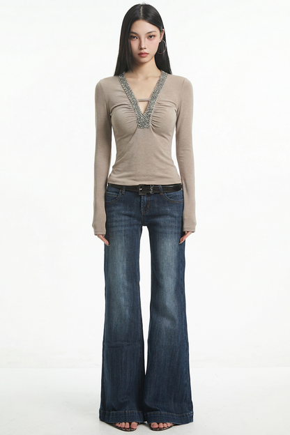 Light Brown Retro V-Neck Top