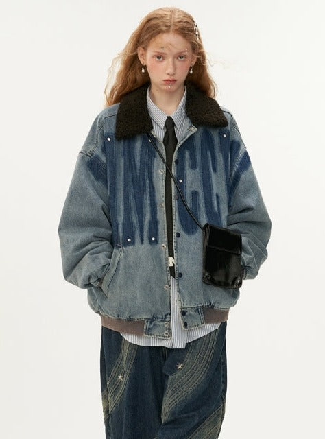 Vintage Washed Fur Collar Denim Jacket