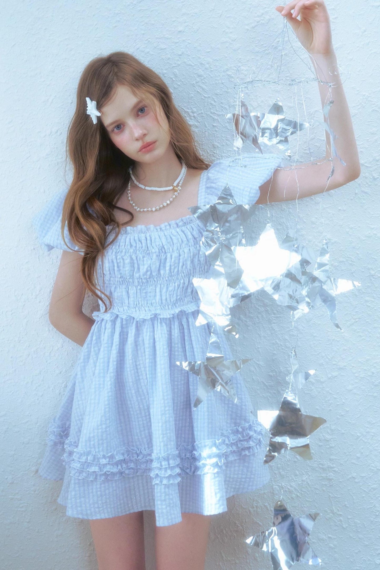 Blue Plaid Bubble Sleeves Dress