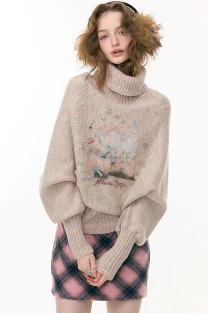 Aprikosenfarbener Fledermausärmelpullover mit hohem Kragen