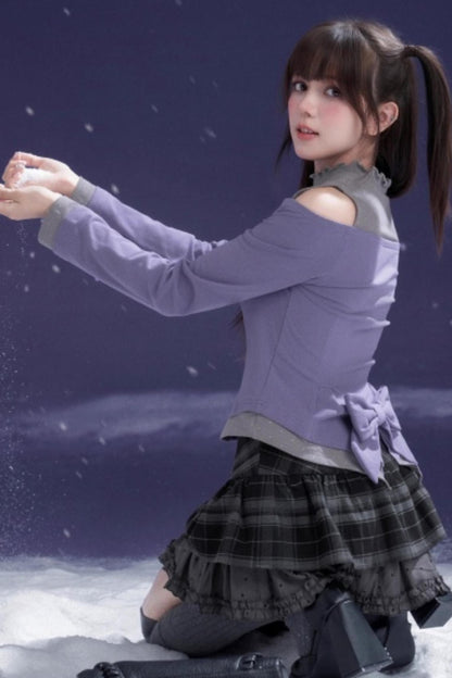 Gray-Purple Bowknot Off-Shoulder Top