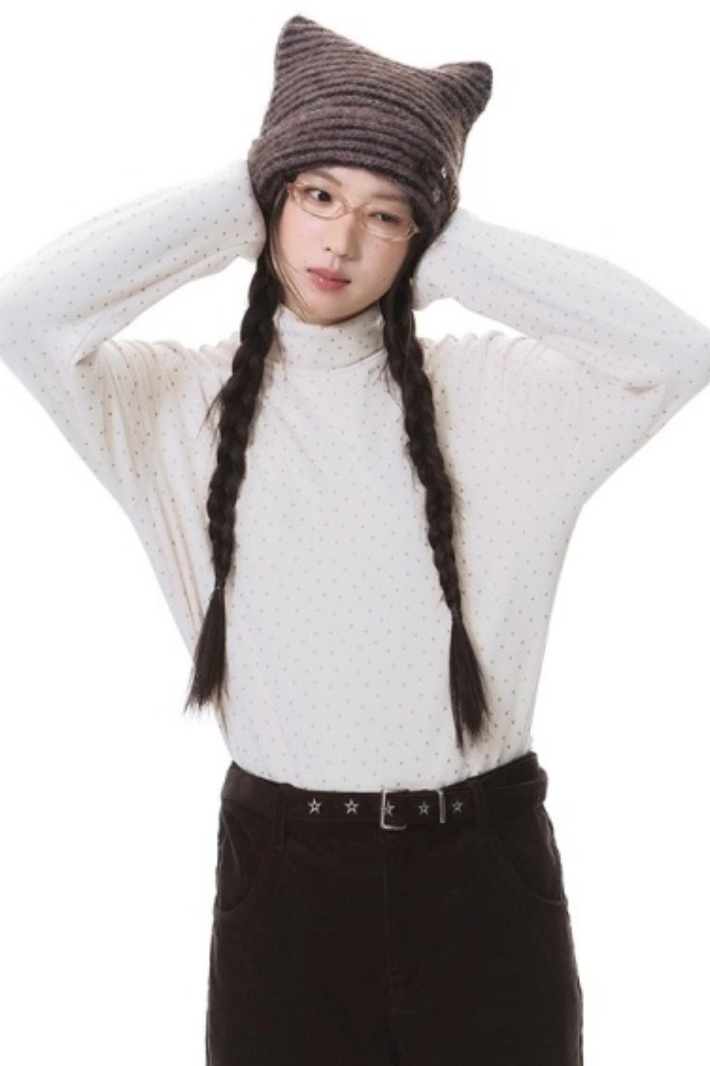 Star Brushed Turtleneck Long-Sleeved Top