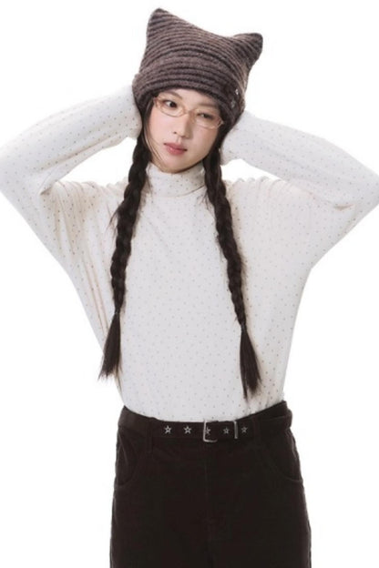 Star Brushed Turtleneck Long-Sleeved Top