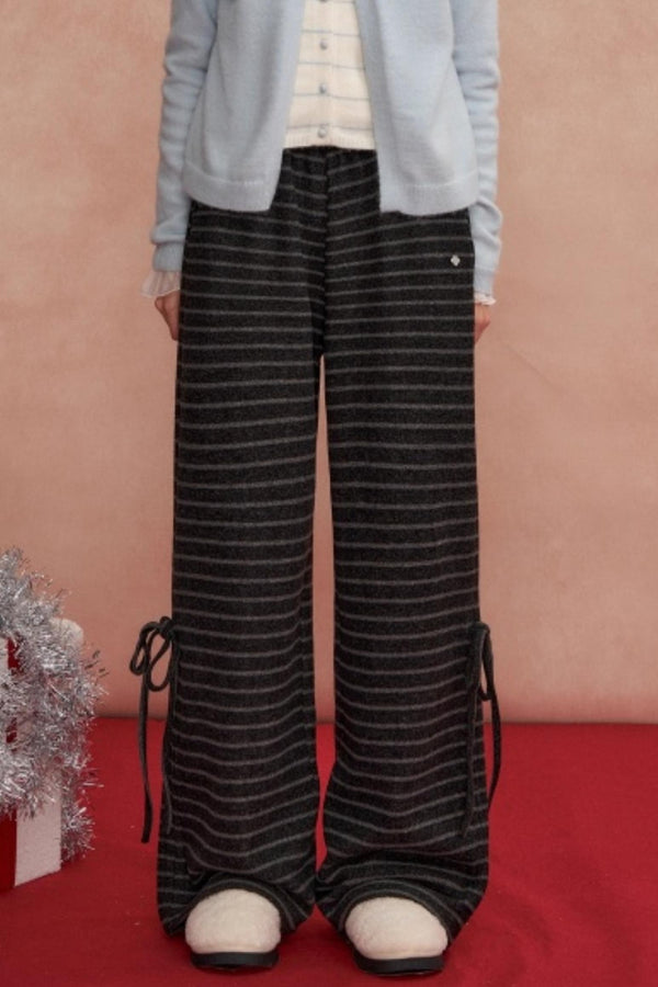Bow Drawstring Striped Tweed Pants