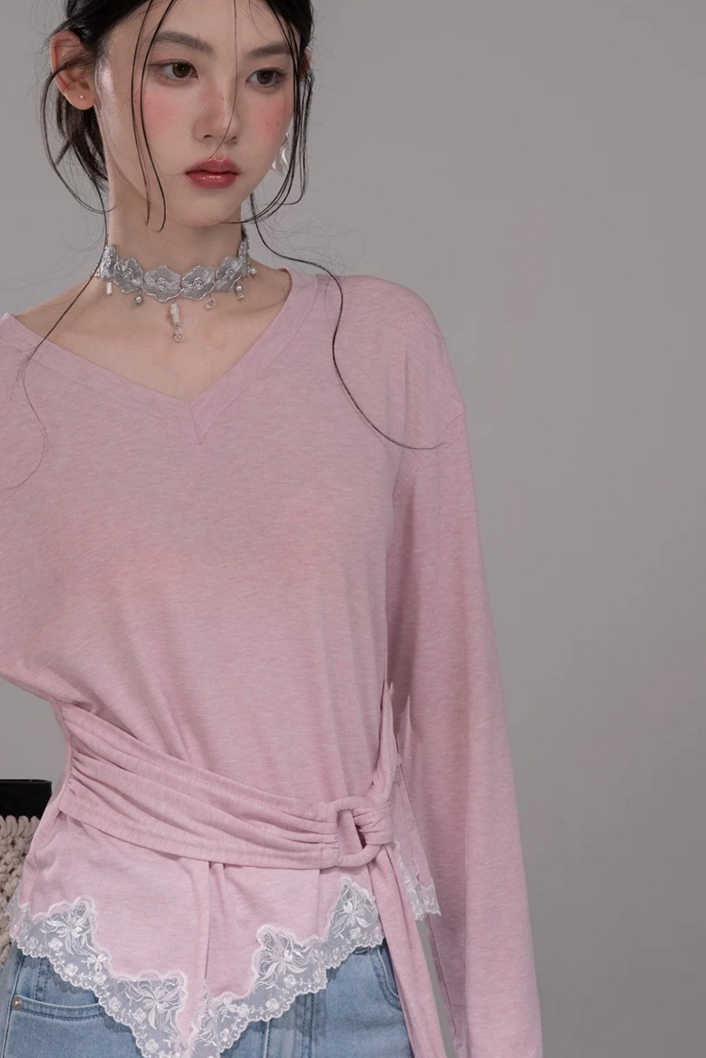 Peach Pink Lace Tie Blouse