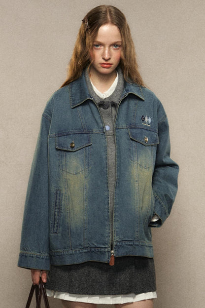 LOLOL ® 24FW American Vintage Wash Distressed Revers Diamond Checkered Gestickte Denim Jacke Damen Herbst Winter