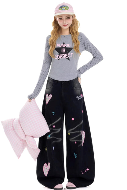 Retro Heart Print Denim Pants