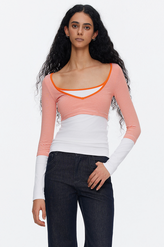 V-Ausschnitt Patchwork Streifen Top