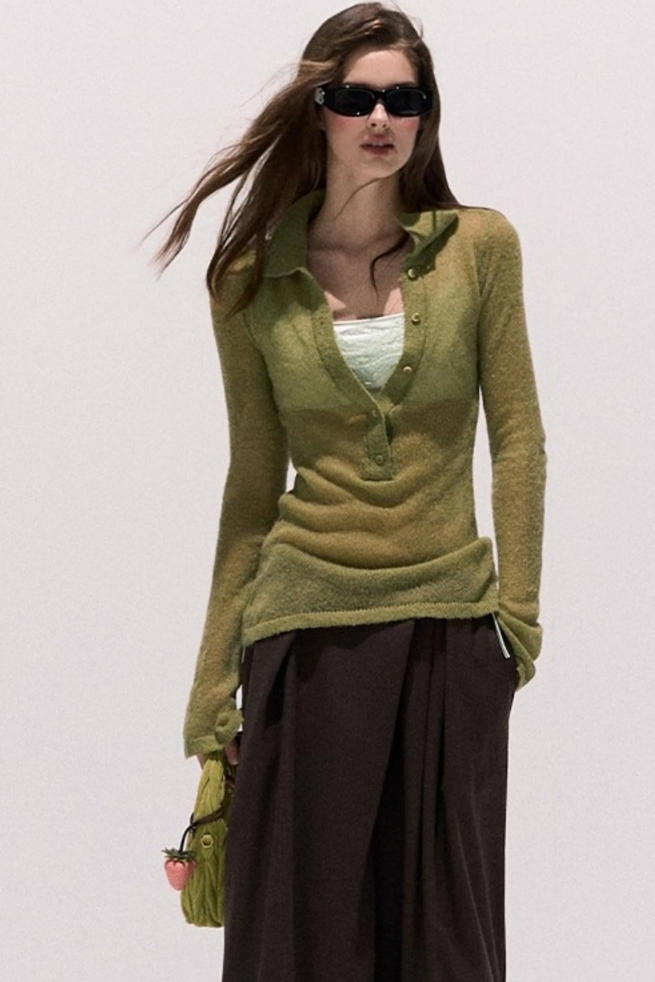 V-Neck Long Sleeve Wool Knit Top