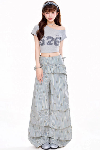 스트라이프 별 와이드 레그 팬츠