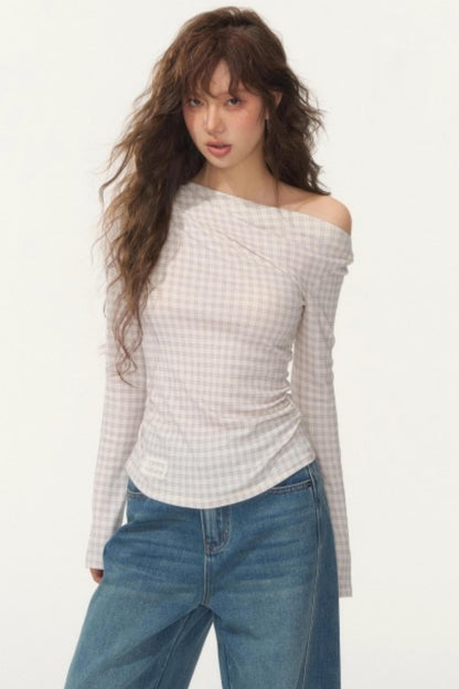 Velvet Plaid One-Shoulder Top