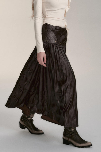 Mid-Length Imitation Leather Pleated Skirt