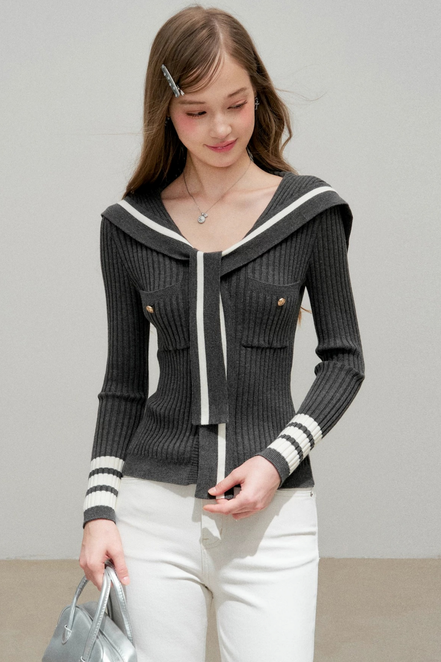 Navy Preppy Color Block Knit Top