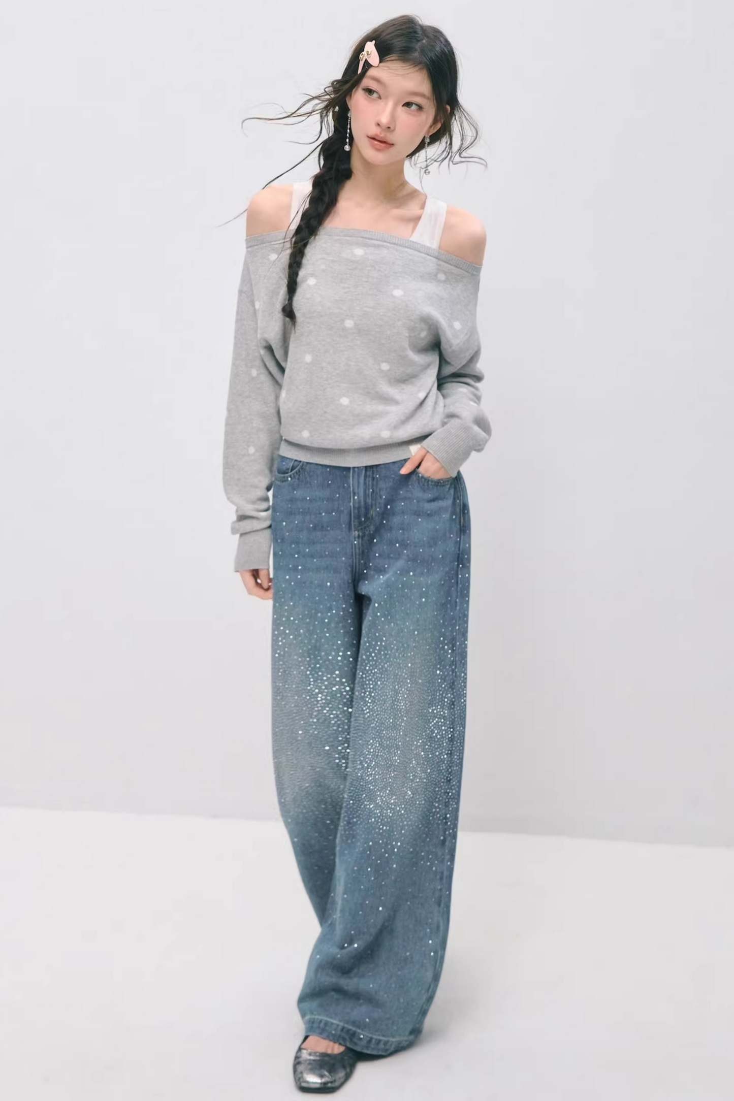 Somesowe 레트로 스트레이트핏 스파클링 청바지