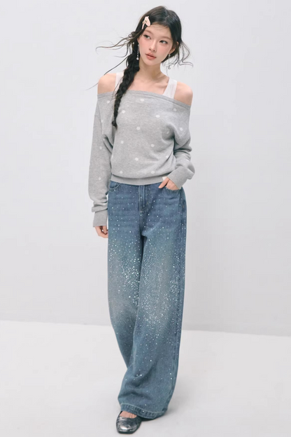 Somesowe 레트로 스트레이트핏 스파클링 청바지