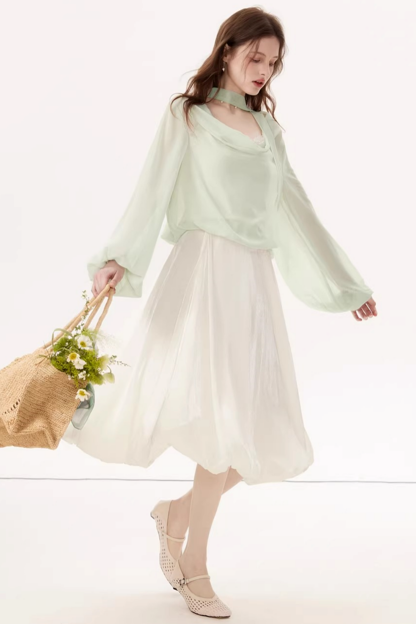 Lantern Sleeve Ribbon Blouse