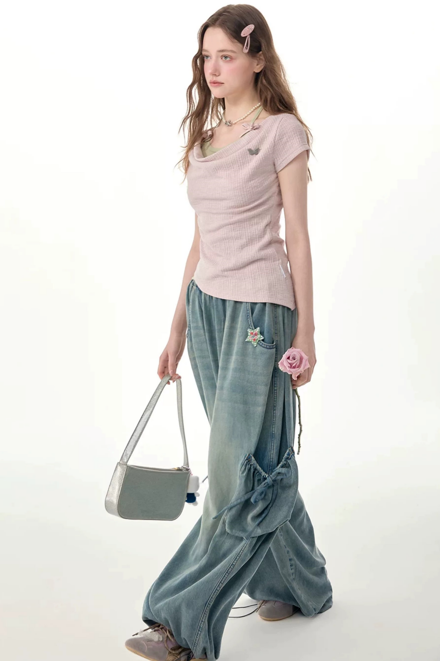 Flared Collar Pink Halter Neck Top