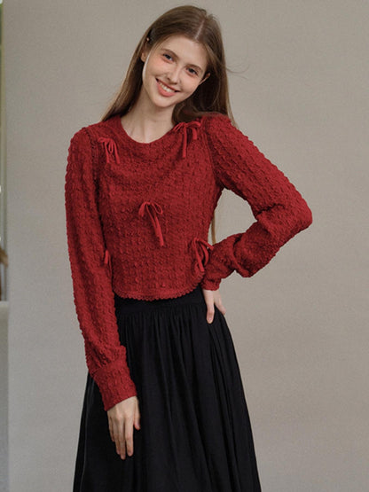 [8.7 20 Uhr neu] French Design Sense Langarm Schleife Rot Pendler Crew Neck Pullover stricken