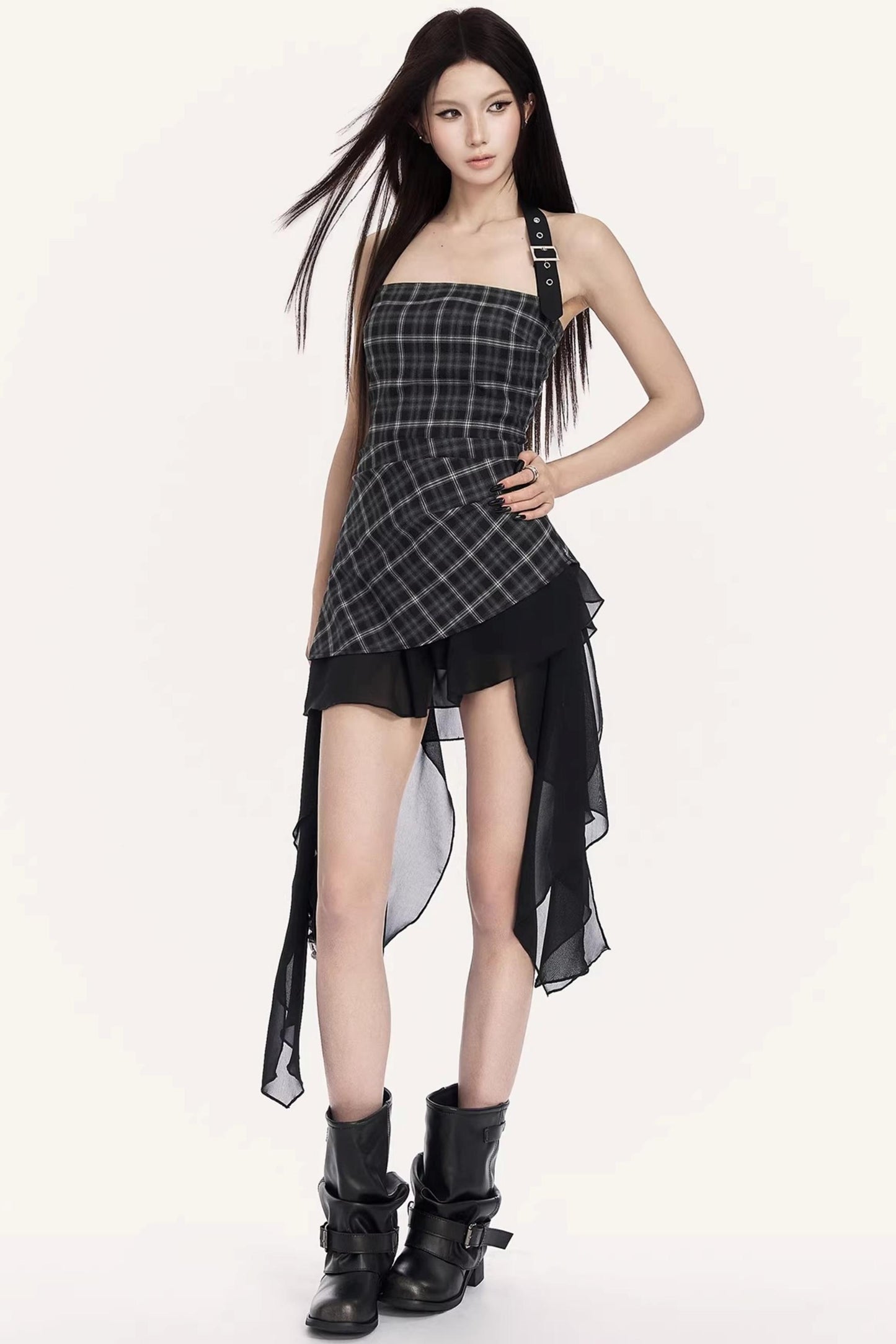 Irregular Ruffle Plaid Dress