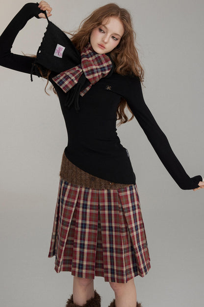 Wool Button Pleated A-Line Skirt