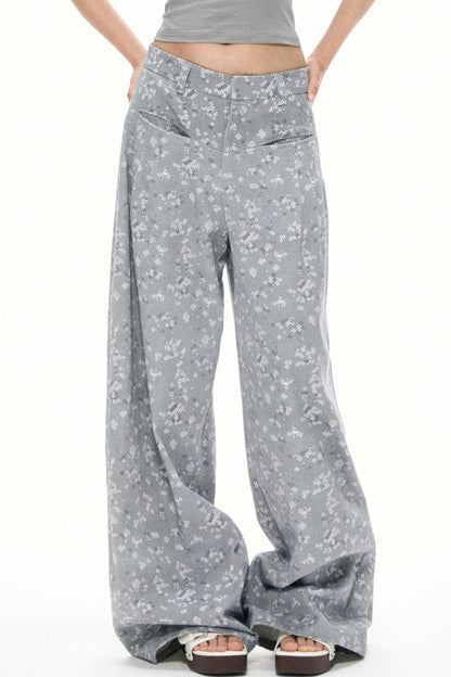 Gray Floral Wide-Leg Pants