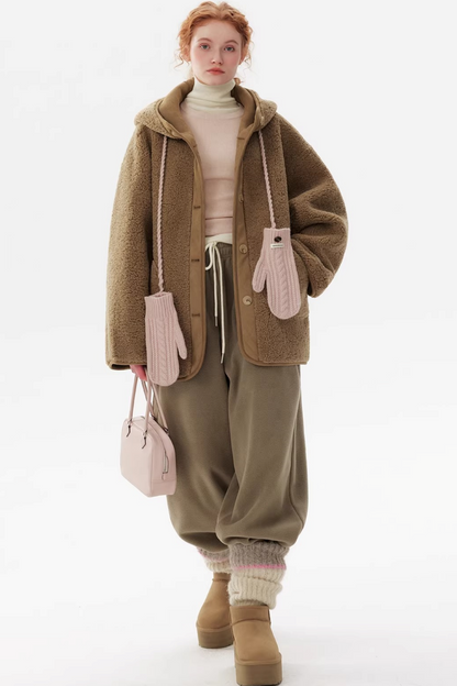 Retro Camel Hooded Fur Coat